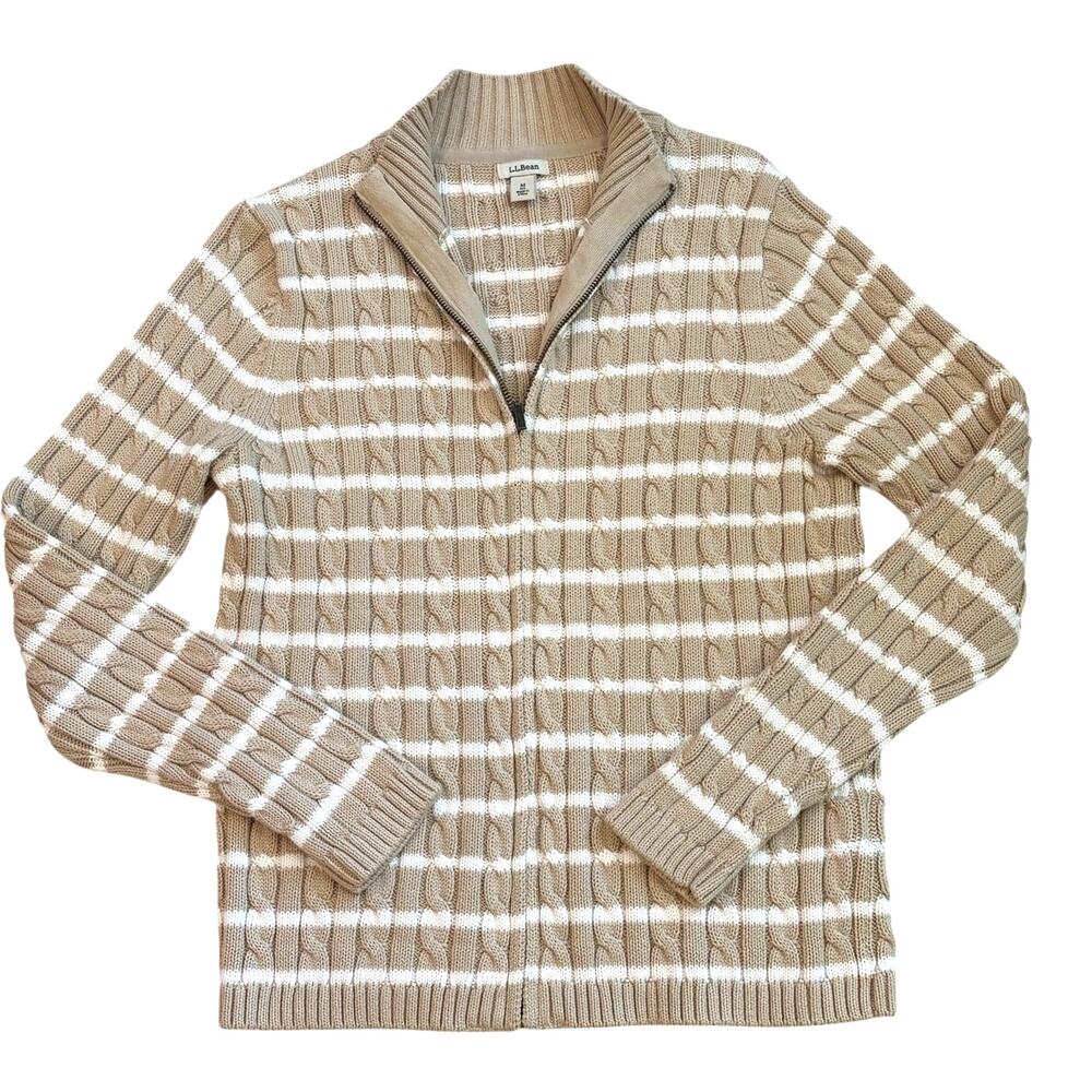LL Bean Full Zip Cardigan Sweater Women Size Medium Tan White Striped Cable Knit